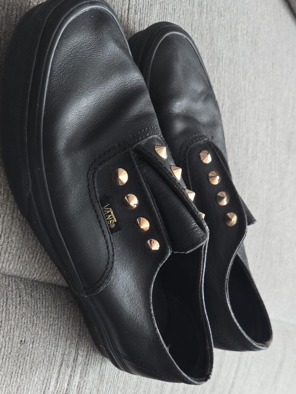 Vans Black Leather Slip-Ons with Gold Stud Accents